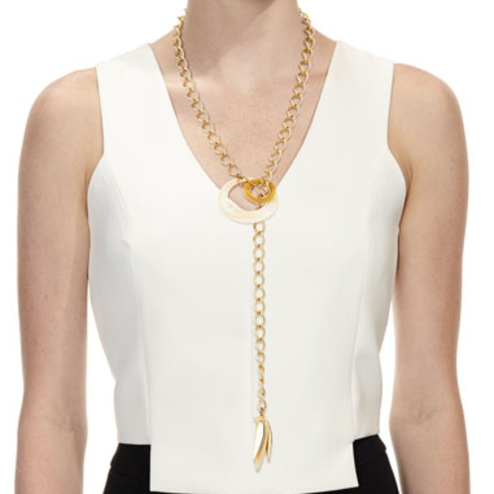 AKOLA Gold Chain Necklace Long Lariat Mother of Pearl White Circle Pendant NWOT